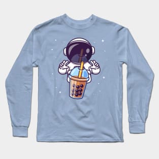 Cute Astronaut With Boba Milk Tea Cartoon Long Sleeve T-Shirt